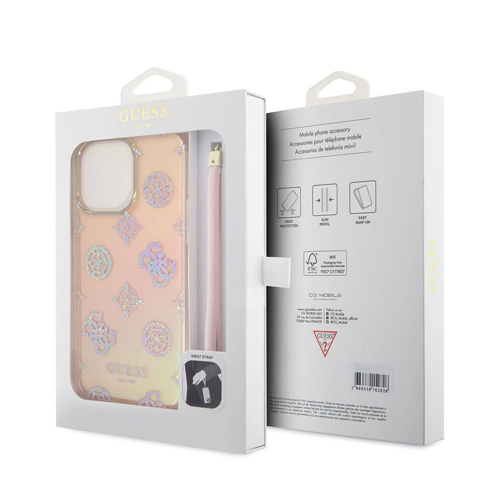 Guess iPhone 15 Pro Max Orjinal Lisanslı Desenli Yazı Logolu Askı İpli Holografik Glitter Peony Telefon Kılıfı - 12