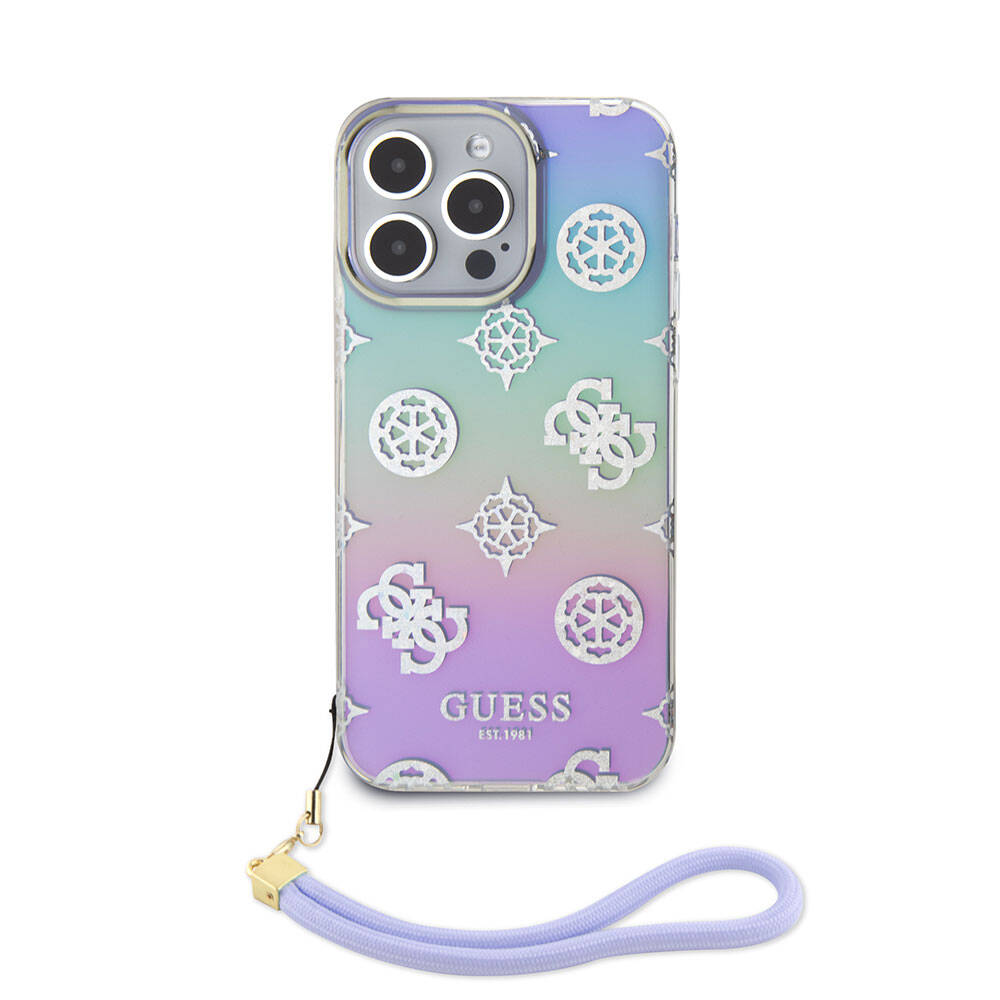 Guess iPhone 15 Pro Max Orjinal Lisanslı Desenli Yazı Logolu Askı İpli Holografik Glitter Peony Telefon Kılıfı - 13