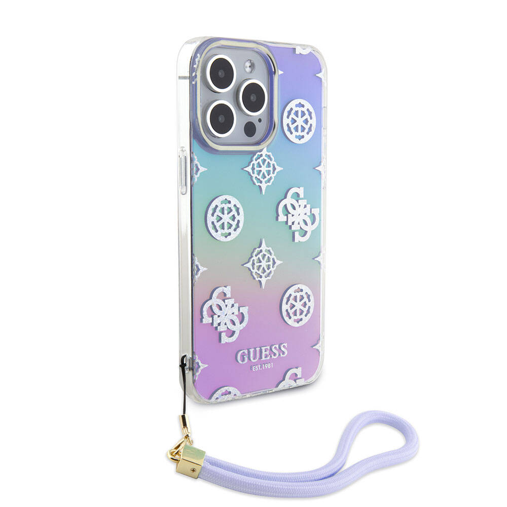 Guess iPhone 15 Pro Max Orjinal Lisanslı Desenli Yazı Logolu Askı İpli Holografik Glitter Peony Telefon Kılıfı - 14