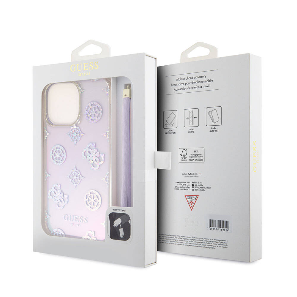 Guess iPhone 15 Pro Max Orjinal Lisanslı Desenli Yazı Logolu Askı İpli Holografik Glitter Peony Telefon Kılıfı - 18