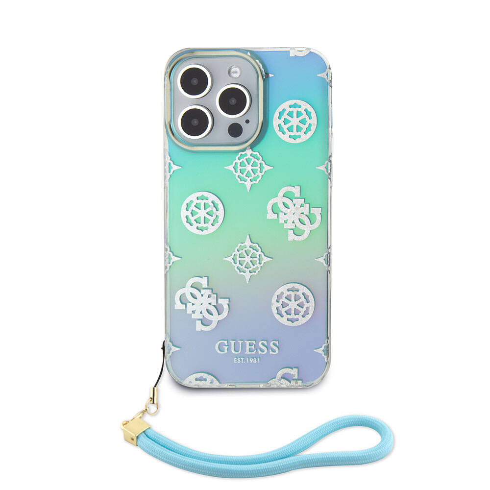 Guess iPhone 15 Pro Max Orjinal Lisanslı Desenli Yazı Logolu Askı İpli Holografik Glitter Peony Telefon Kılıfı - 19