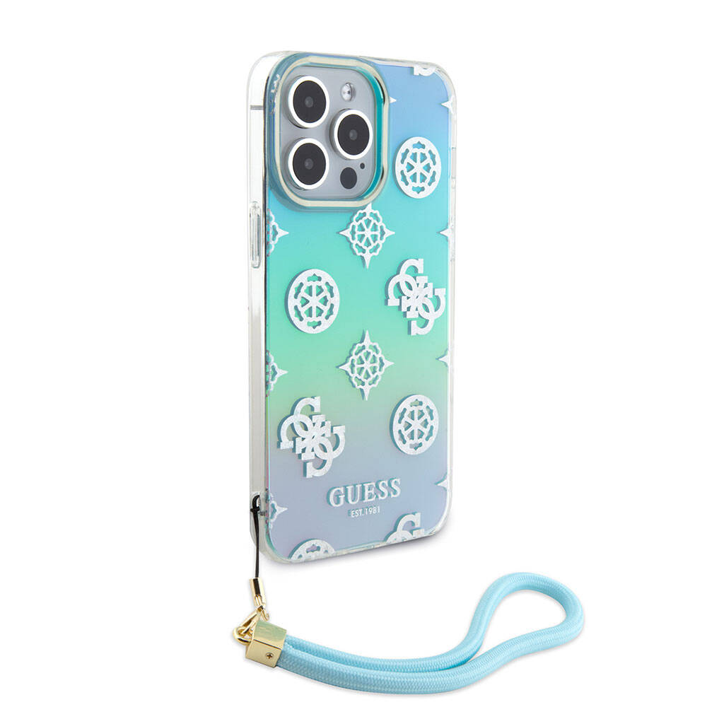 Guess iPhone 15 Pro Max Orjinal Lisanslı Desenli Yazı Logolu Askı İpli Holografik Glitter Peony Telefon Kılıfı - 20