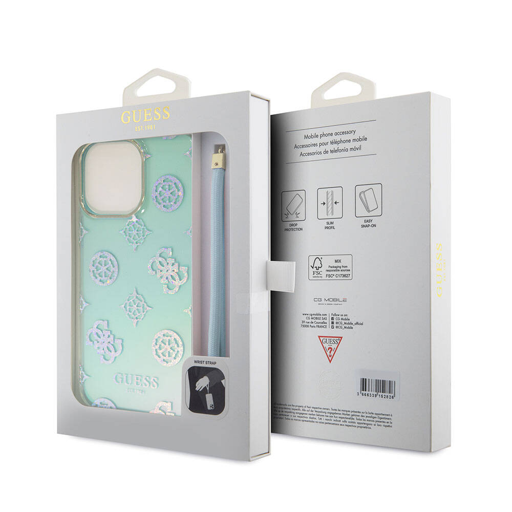 Guess iPhone 15 Pro Max Orjinal Lisanslı Desenli Yazı Logolu Askı İpli Holografik Glitter Peony Telefon Kılıfı - 24
