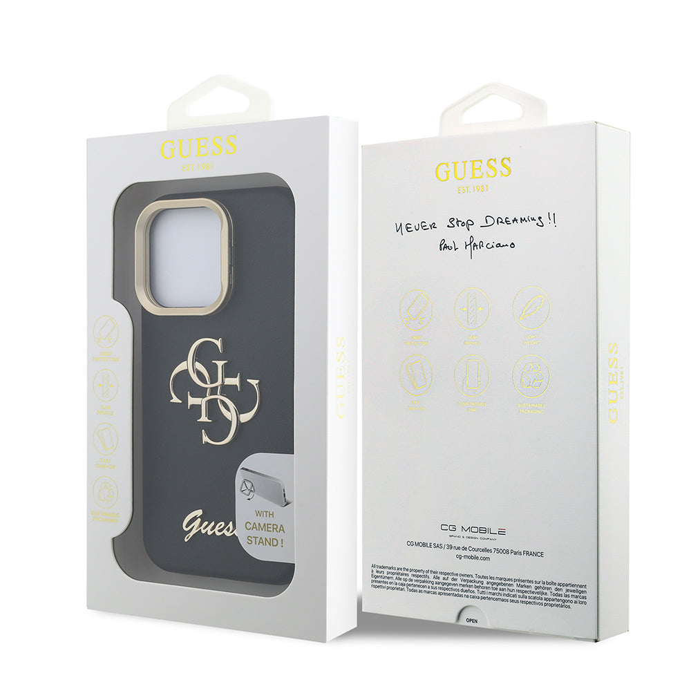Guess iPhone 15 Pro Max Orjinal Lisanslı Grained Yazı Logolu Kamera Standlı Kılıf