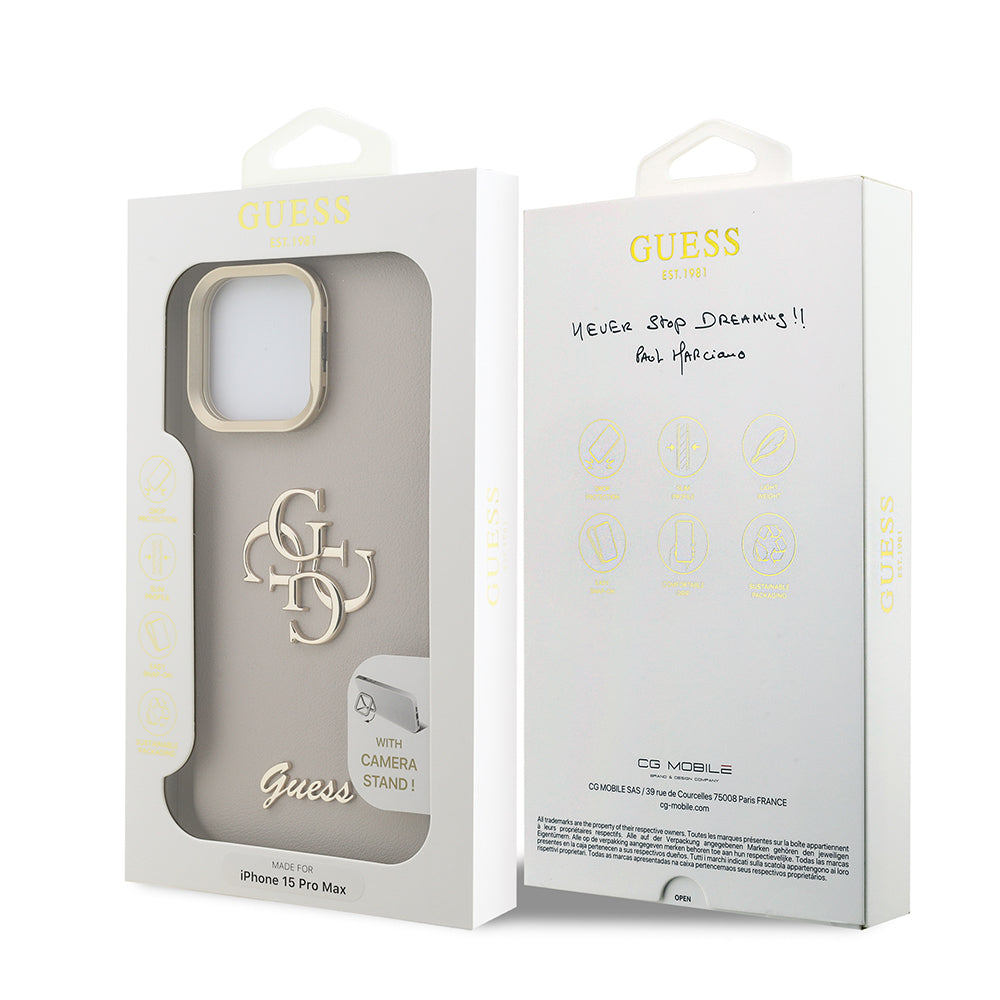 Guess iPhone 15 Pro Max Orjinal Lisanslı Grained Yazı Logolu Kamera Standlı Kılıf