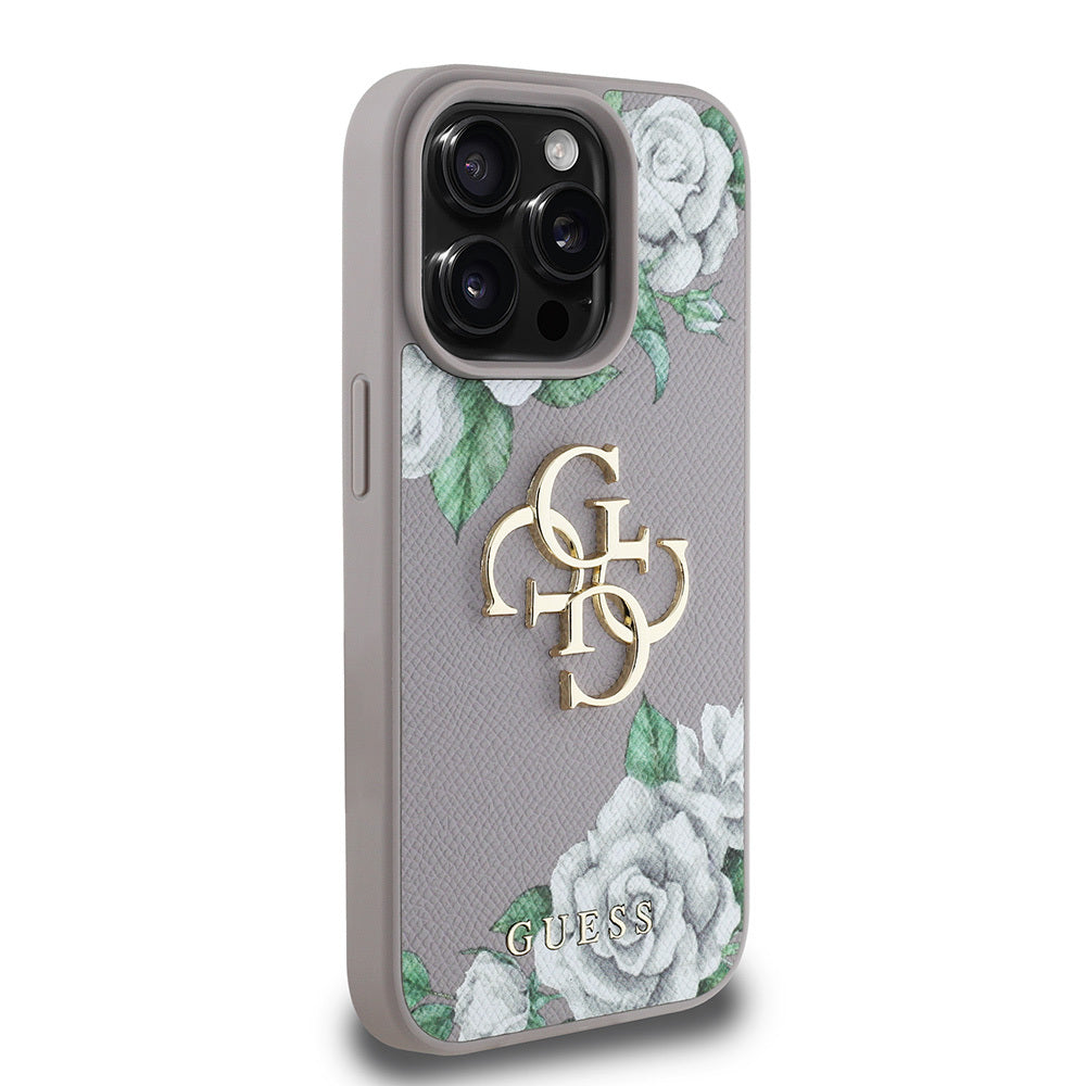 Guess iPhone 15 Pro Max Orjinal Lisanslı Gül Baskılı Büyük Metal Logo Dizaynlı Kılıf