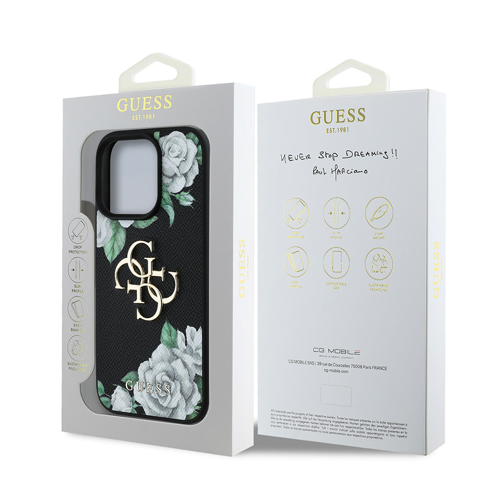 Guess iPhone 15 Pro Max Orjinal Lisanslı Gül Baskılı Büyük Metal Logo Dizaynlı Kılıf