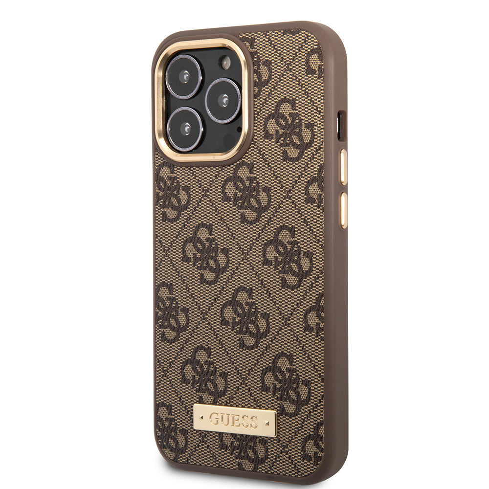 Guess iPhone 15 Pro Max Orjinal Lisanslı Masafe 4G Desenli PU Metal Plaka Klasik Logolu Kılıf