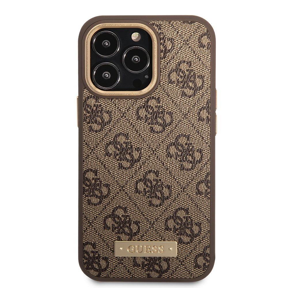 Guess iPhone 15 Pro Max Orjinal Lisanslı Masafe 4G Desenli PU Metal Plaka Klasik Logolu Kılıf