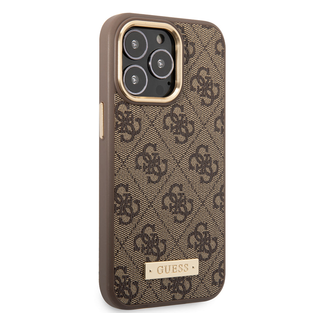 Guess iPhone 15 Pro Max Orjinal Lisanslı Masafe 4G Desenli PU Metal Plaka Klasik Logolu Kılıf