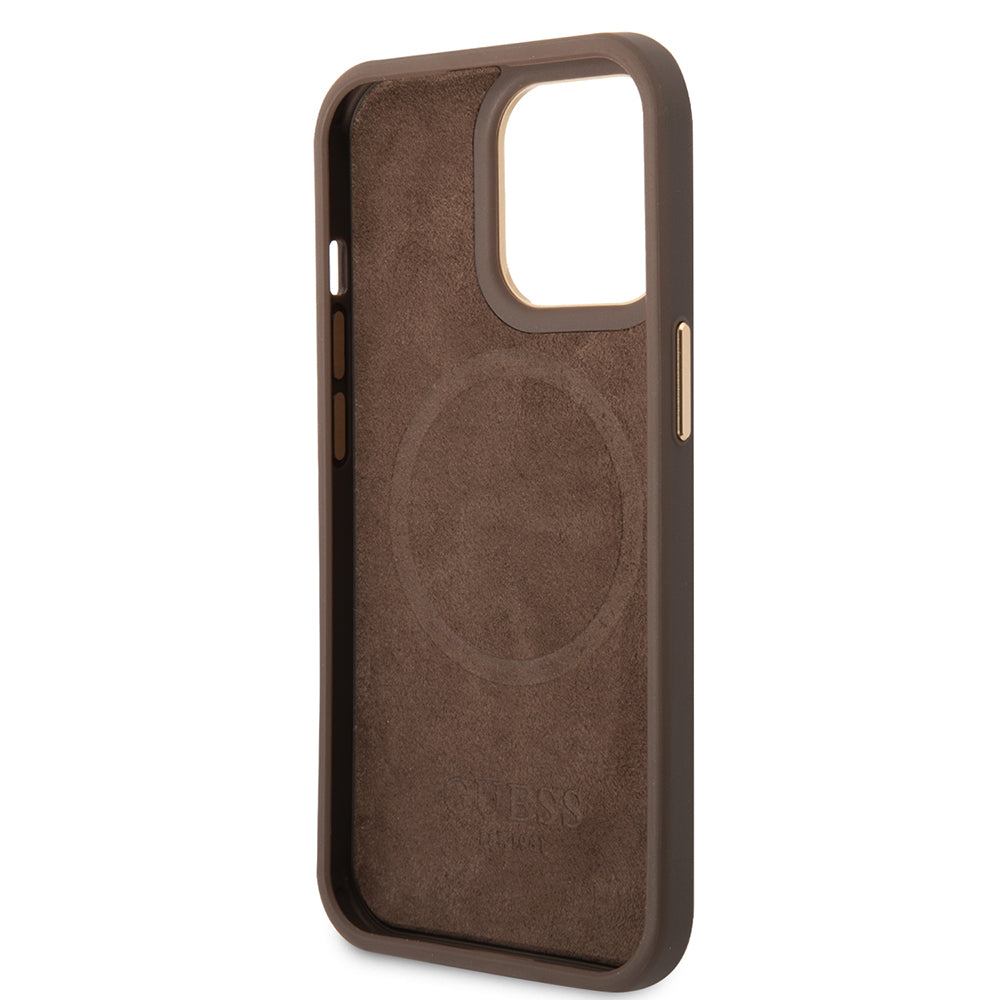 Guess iPhone 15 Pro Max Orjinal Lisanslı Masafe 4G Desenli PU Metal Plaka Klasik Logolu Kılıf