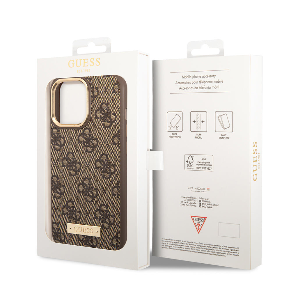 Guess iPhone 15 Pro Max Orjinal Lisanslı Masafe 4G Desenli PU Metal Plaka Klasik Logolu Kılıf