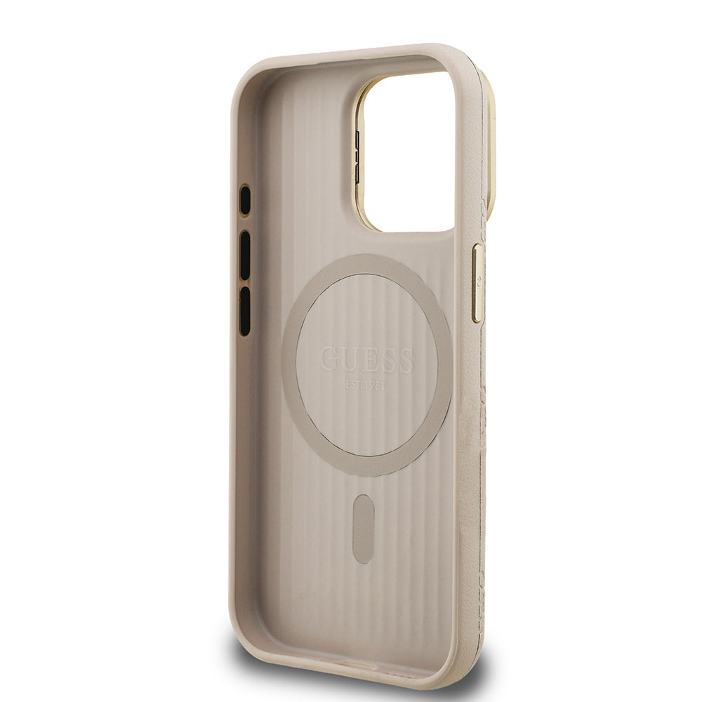 Guess iPhone 15 Pro Max Orjinal Lisanslı Magsafe Sıcak Baskılı Yazı Logolu Kamera Standlı PU Deri Peony Telefon Kılıfı