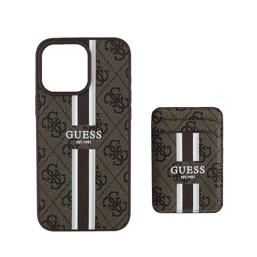 Guess iPhone 15 Pro Max Orjinal Lisanslı M-safe 4G Desenli Çizgili Kartlıklı Kılıf