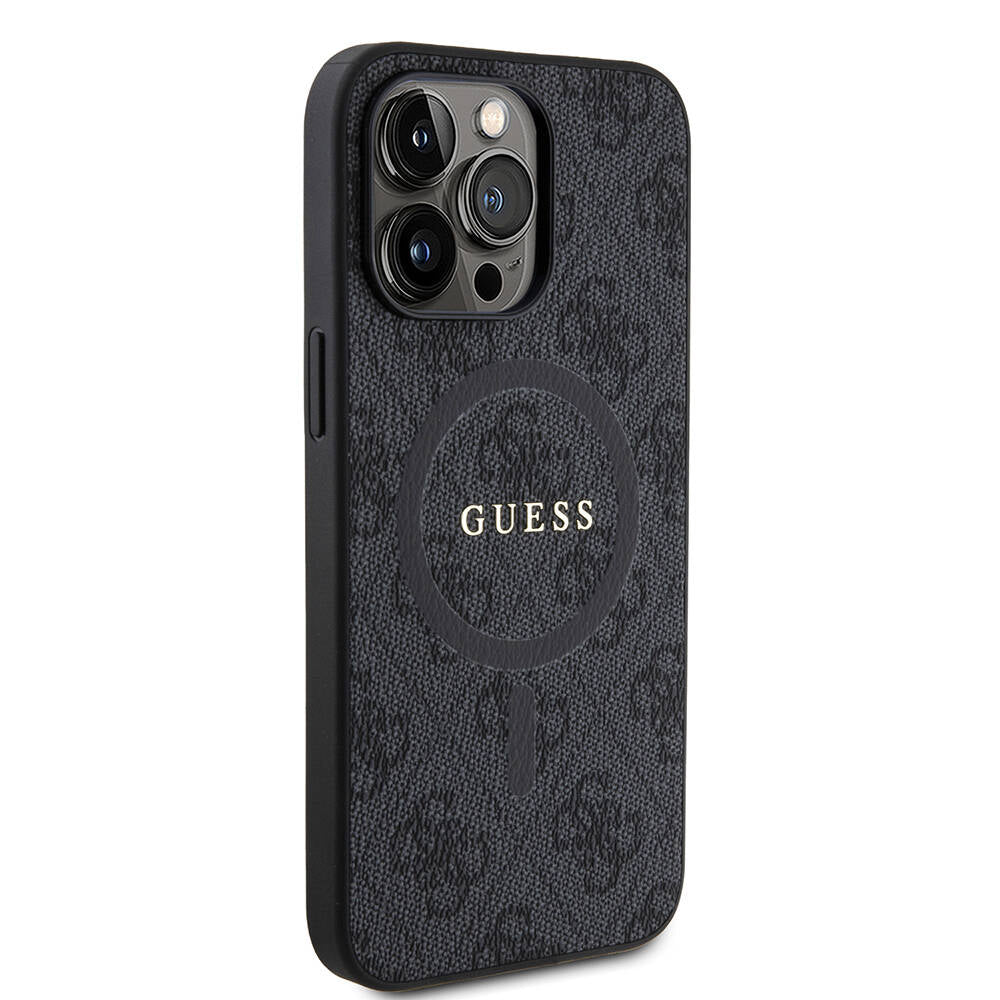 Guess iPhone 15 Pro Max Orjinal Lisanslı M-safe Şarj Özellikli PU Halkalı 4G Desenli Yazı Logolu Kılıf