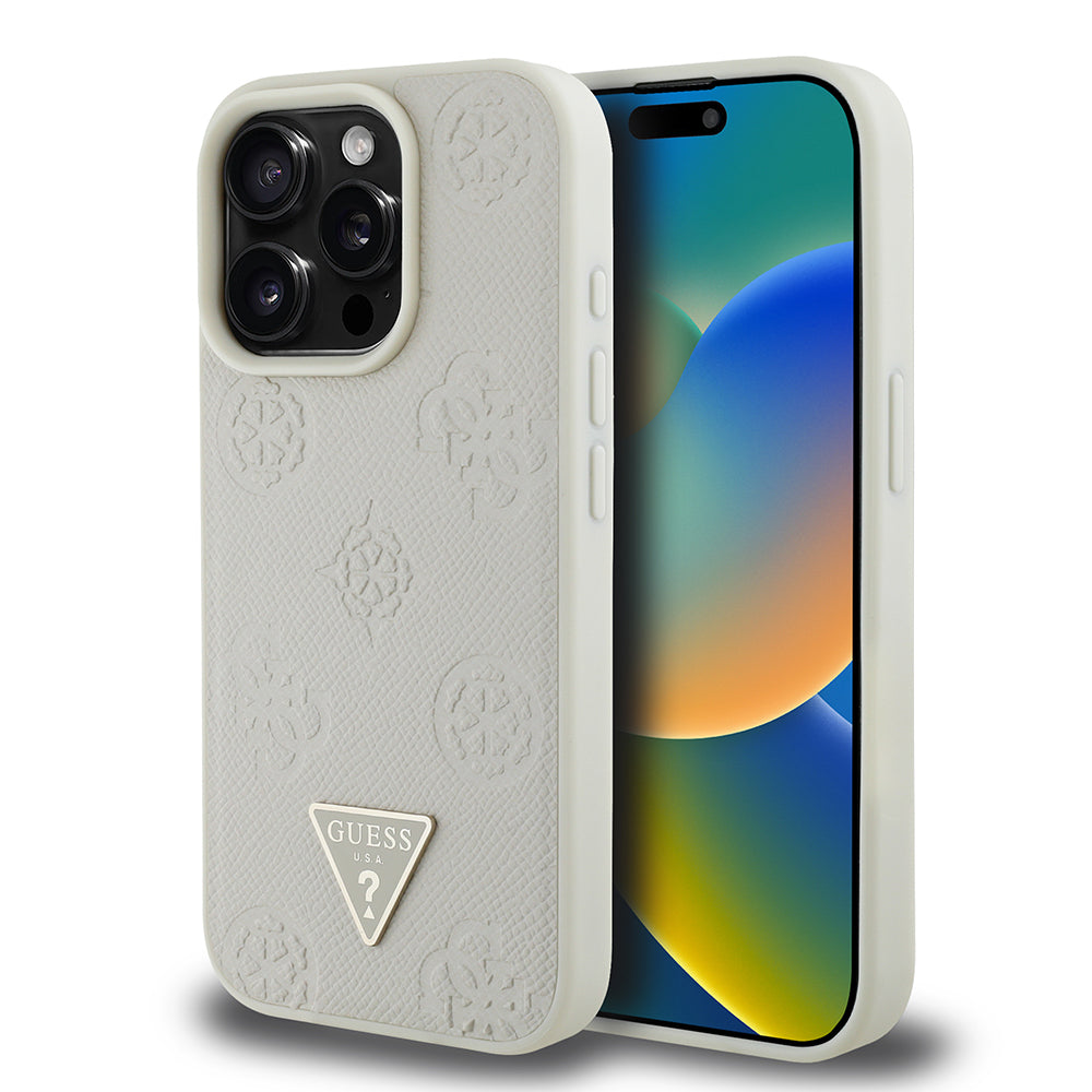Guess iPhone 15 Pro Max Orjinal Lisanslı M-safe Şarj Özellikli Sıcak Baskılı Üçgen Logolu PU Deri Peony Kılıf