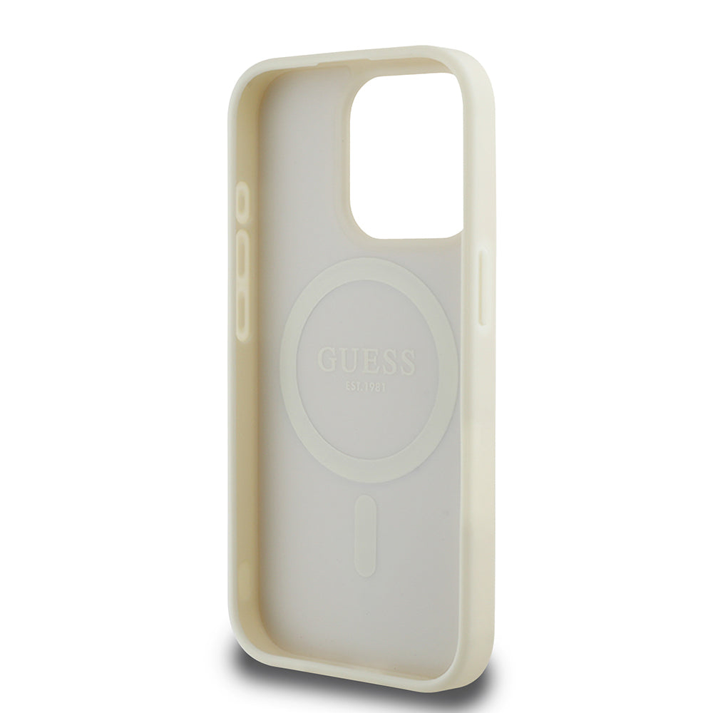 Guess iPhone 15 Pro Max Orjinal Lisanslı M-safe Şarj Özellikli Sıcak Baskılı Üçgen Logolu PU Deri Peony Kılıf