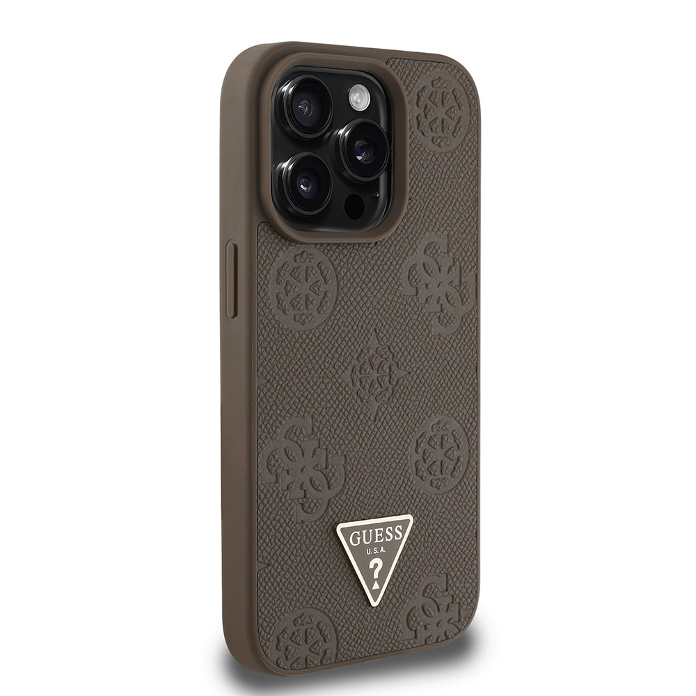 Guess iPhone 15 Pro Max Orjinal Lisanslı M-safe Şarj Özellikli Sıcak Baskılı Üçgen Logolu PU Deri Peony Kılıf