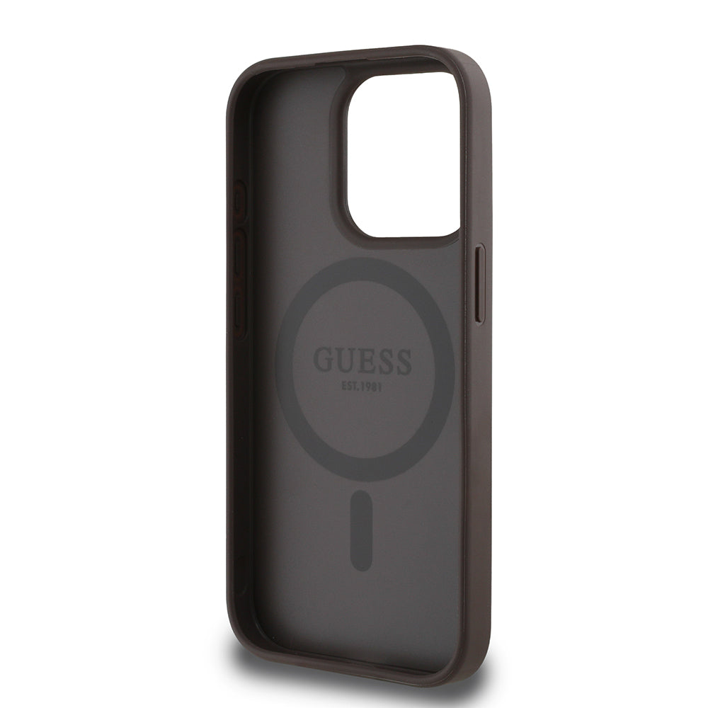 Guess iPhone 15 Pro Max Orjinal Lisanslı M-safe Şarj Özellikli Sıcak Baskılı Üçgen Logolu PU Deri Peony Kılıf