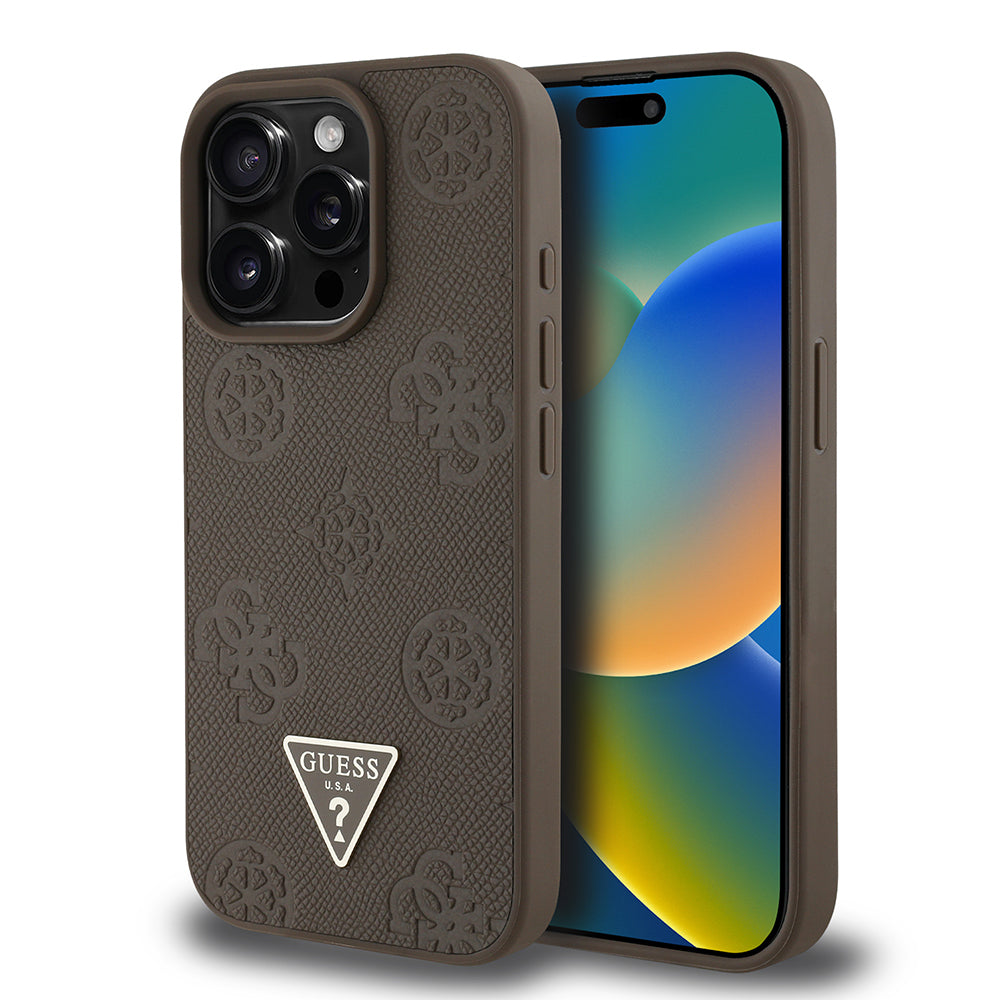 Guess iPhone 15 Pro Max Orjinal Lisanslı M-safe Şarj Özellikli Sıcak Baskılı Üçgen Logolu PU Deri Peony Kılıf