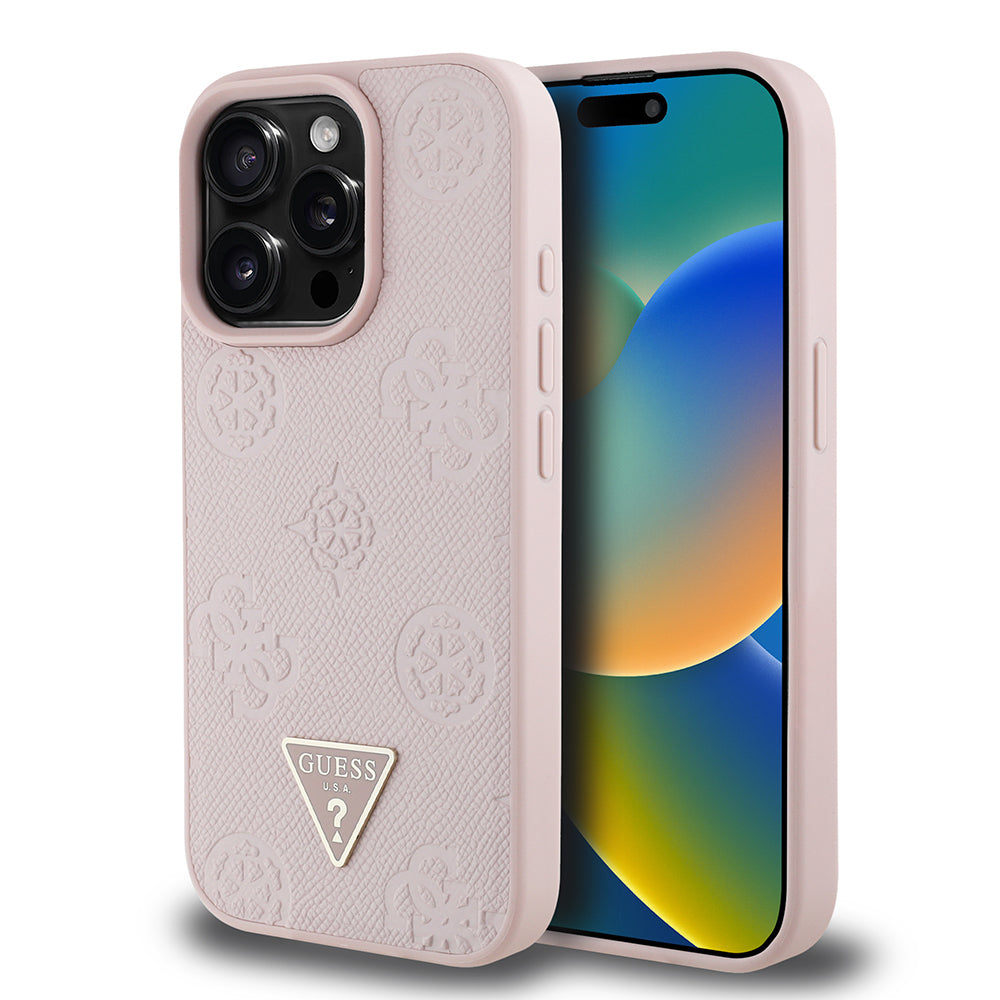 Guess iPhone 15 Pro Max Orjinal Lisanslı M-safe Şarj Özellikli Sıcak Baskılı Üçgen Logolu PU Deri Peony Kılıf