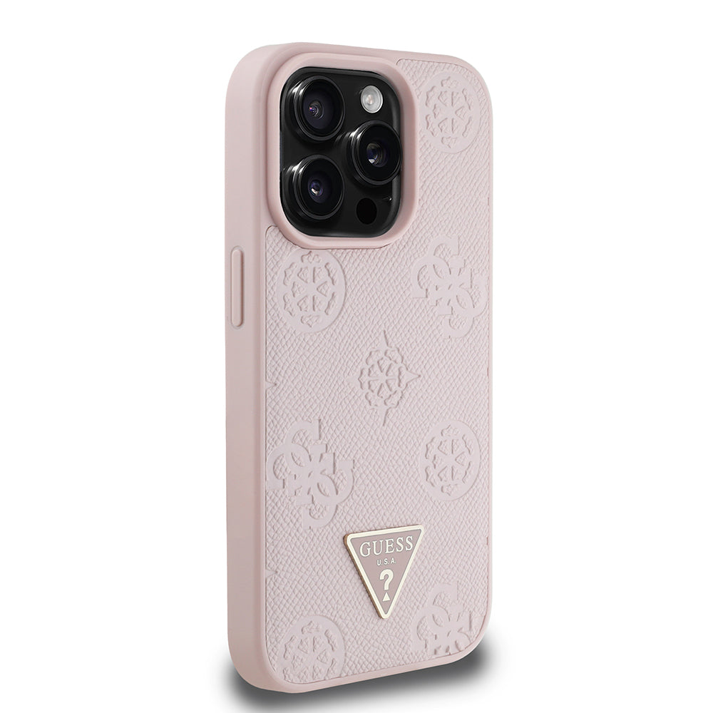 Guess iPhone 15 Pro Max Orjinal Lisanslı M-safe Şarj Özellikli Sıcak Baskılı Üçgen Logolu PU Deri Peony Kılıf