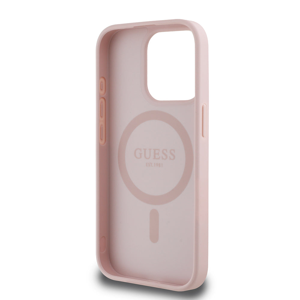 Guess iPhone 15 Pro Max Orjinal Lisanslı M-safe Şarj Özellikli Sıcak Baskılı Üçgen Logolu PU Deri Peony Kılıf