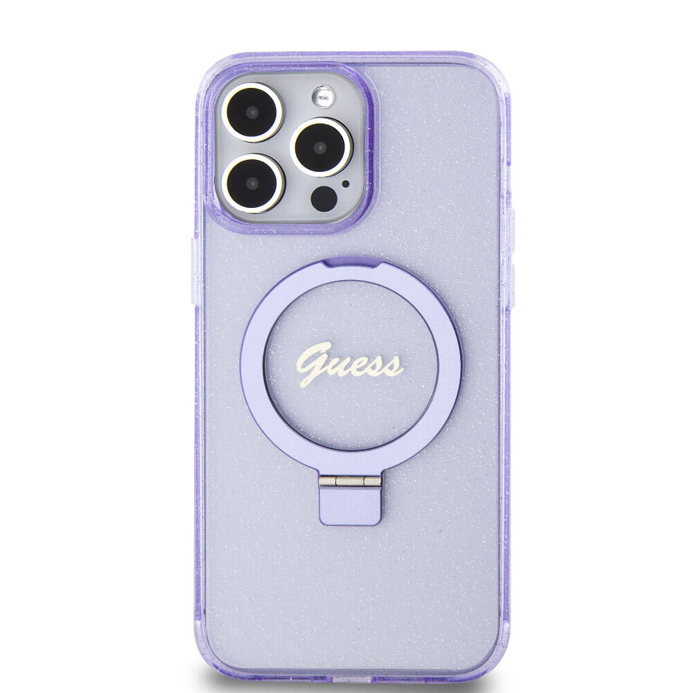 Guess iPhone 15 Pro Max Orjinal Lisanslı Magsafe Şarj Özellikli Simli Arka Yüzey Ring Standlı Telefon Kılıfı - 3
