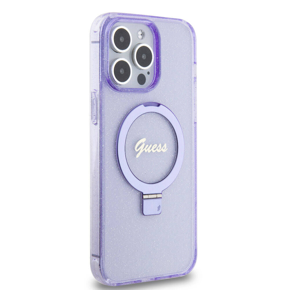 Guess iPhone 15 Pro Max Orjinal Lisanslı Magsafe Şarj Özellikli Simli Arka Yüzey Ring Standlı Telefon Kılıfı - 4