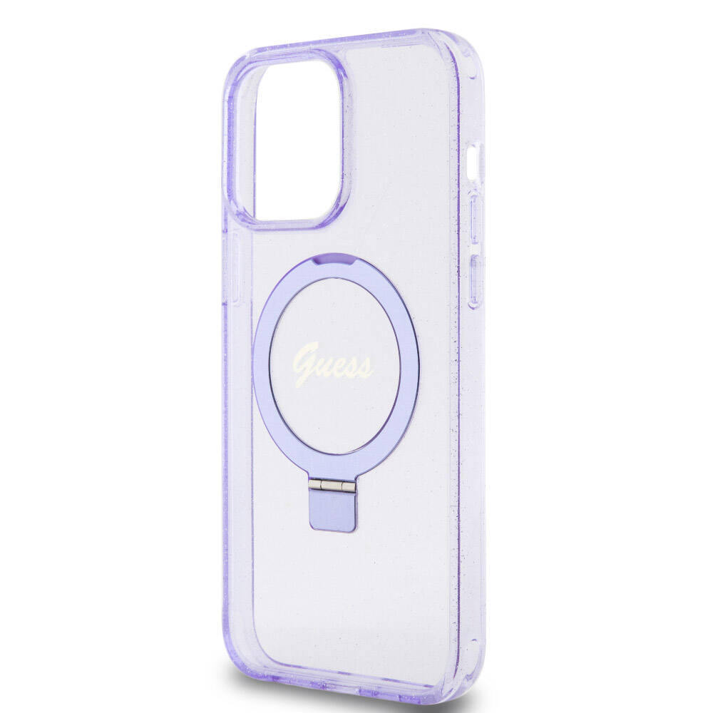 Guess iPhone 15 Pro Max Orjinal Lisanslı Magsafe Şarj Özellikli Simli Arka Yüzey Ring Standlı Telefon Kılıfı - 6