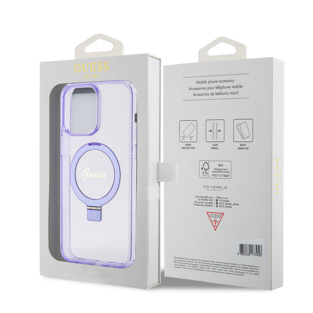 Guess iPhone 15 Pro Max Orjinal Lisanslı Magsafe Şarj Özellikli Simli Arka Yüzey Ring Standlı Telefon Kılıfı - 8
