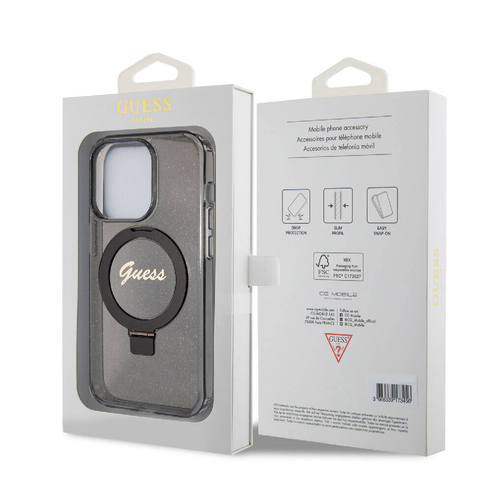 Guess iPhone 15 Pro Max Orjinal Lisanslı Magsafe Şarj Özellikli Simli Arka Yüzey Ring Standlı Telefon Kılıfı - 15