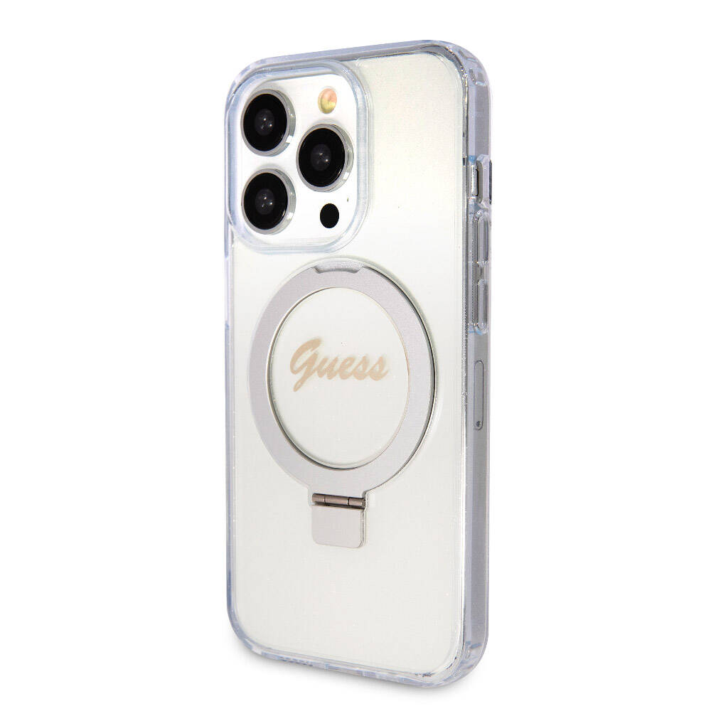 Guess iPhone 15 Pro Max Orjinal Lisanslı Magsafe Şarj Özellikli Simli Arka Yüzey Ring Standlı Telefon Kılıfı - 16
