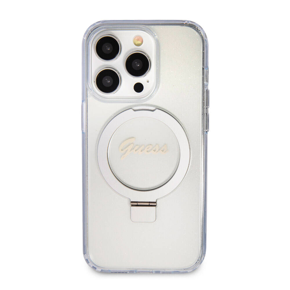 Guess iPhone 15 Pro Max Orjinal Lisanslı Magsafe Şarj Özellikli Simli Arka Yüzey Ring Standlı Telefon Kılıfı - 17