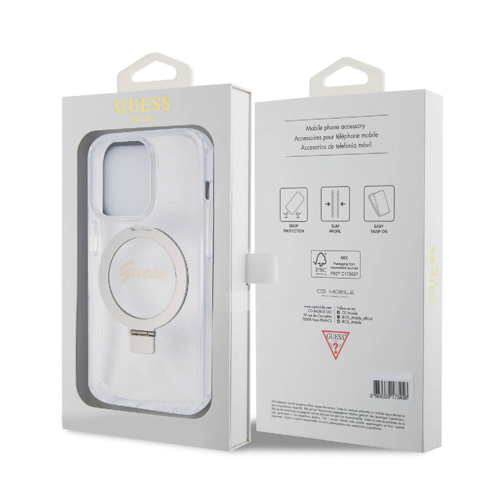 Guess iPhone 15 Pro Max Orjinal Lisanslı Magsafe Şarj Özellikli Simli Arka Yüzey Ring Standlı Telefon Kılıfı - 22