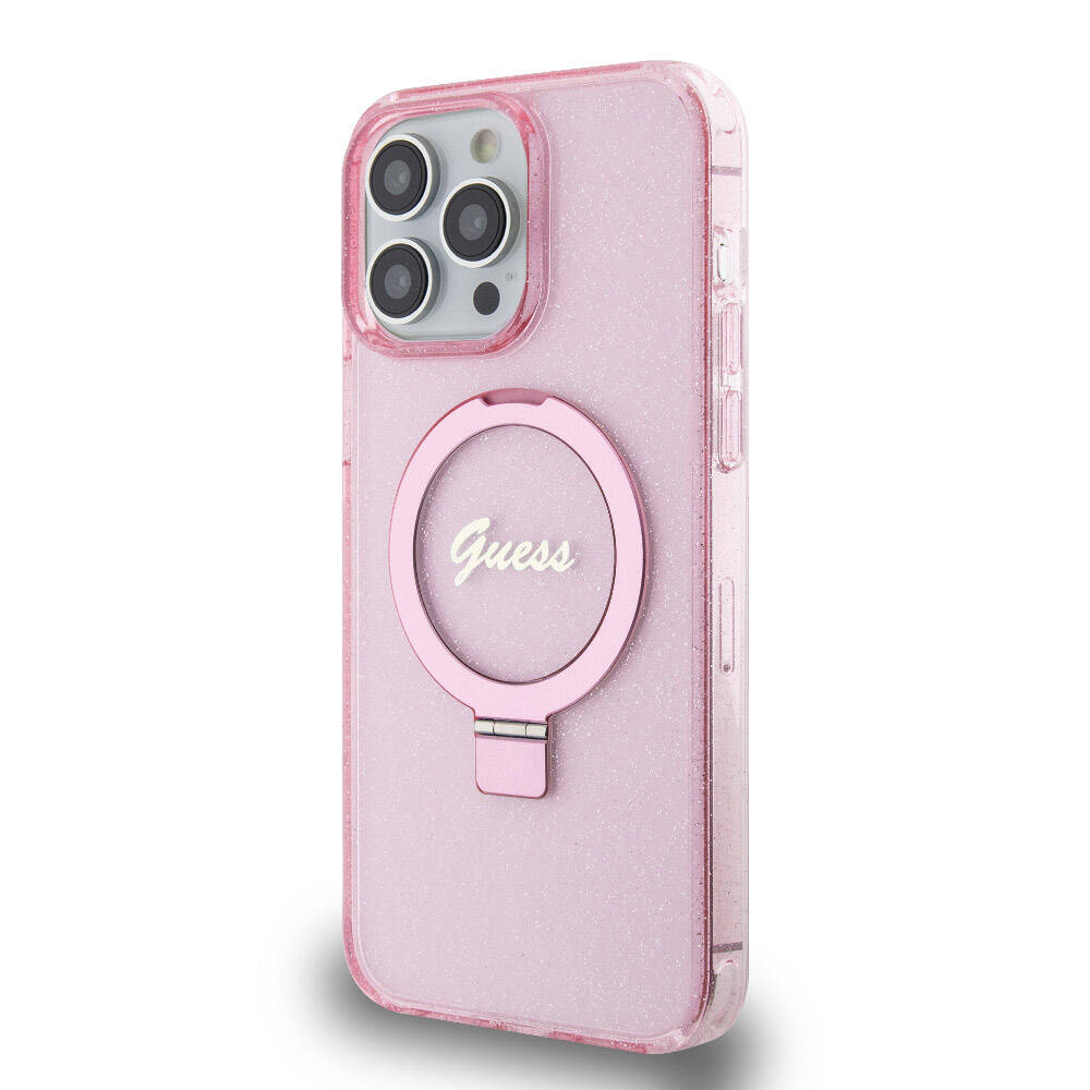 Guess iPhone 15 Pro Max Orjinal Lisanslı Magsafe Şarj Özellikli Simli Arka Yüzey Ring Standlı Telefon Kılıfı - 23
