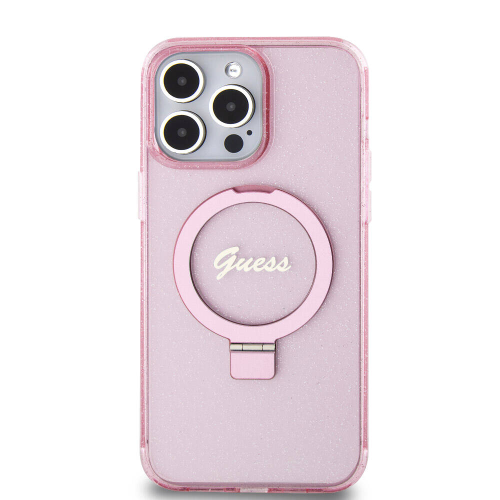 Guess iPhone 15 Pro Max Orjinal Lisanslı Magsafe Şarj Özellikli Simli Arka Yüzey Ring Standlı Telefon Kılıfı - 24