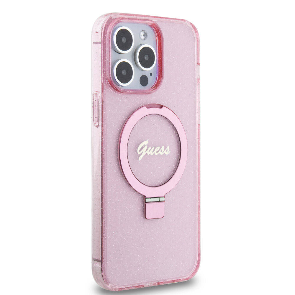 Guess iPhone 15 Pro Max Orjinal Lisanslı Magsafe Şarj Özellikli Simli Arka Yüzey Ring Standlı Telefon Kılıfı - 25