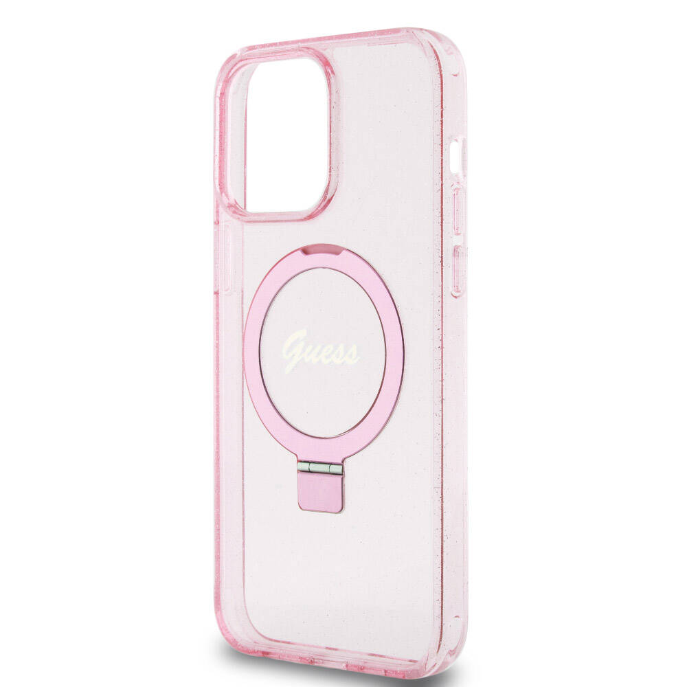 Guess iPhone 15 Pro Max Orjinal Lisanslı Magsafe Şarj Özellikli Simli Arka Yüzey Ring Standlı Telefon Kılıfı - 27