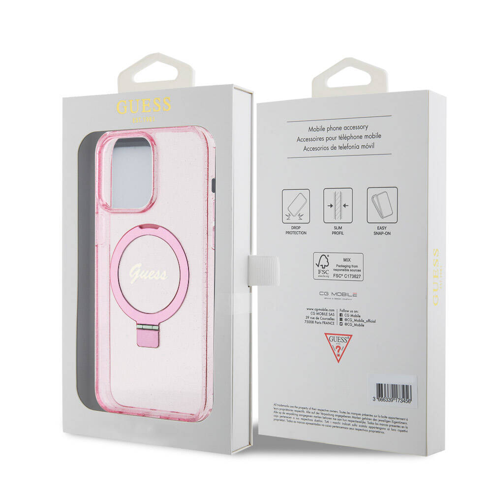Guess iPhone 15 Pro Max Orjinal Lisanslı Magsafe Şarj Özellikli Simli Arka Yüzey Ring Standlı Telefon Kılıfı - 29