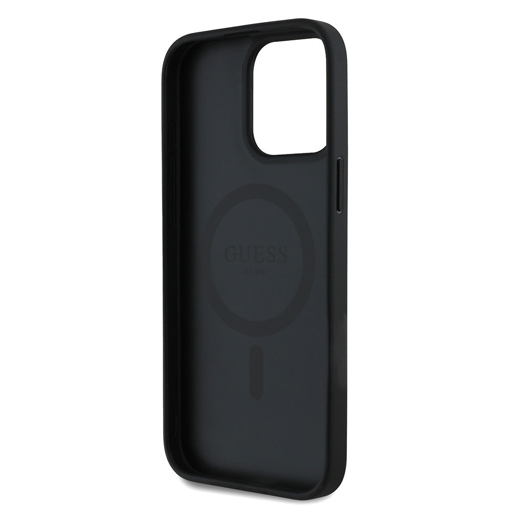 Guess iPhone 15 Pro Max Orjinal Lisanslı M-safe Şarj Özellikli Taneli Çiçek Tasarımlı Metal Yazı Logolu Kılıf