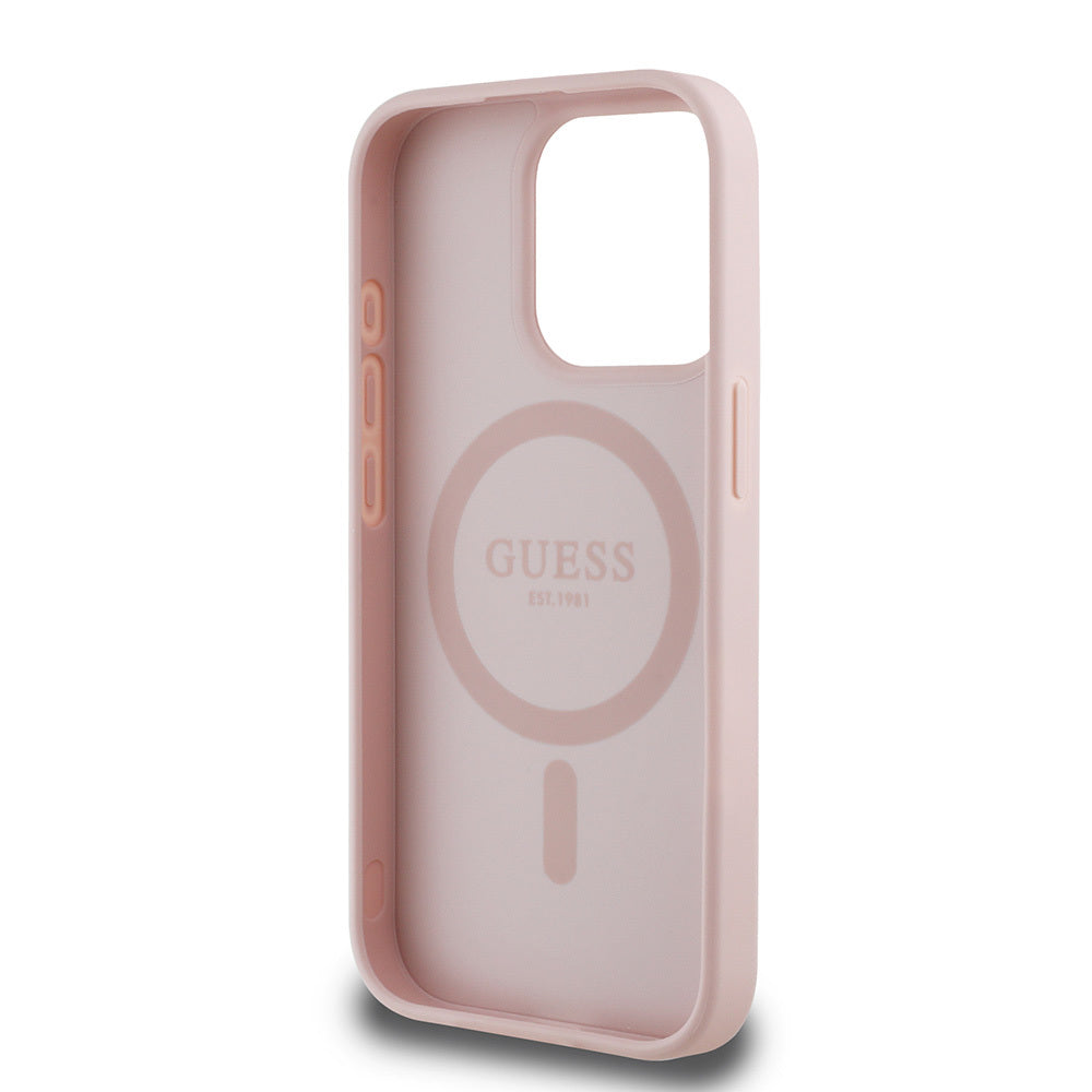 Guess iPhone 15 Pro Max Orjinal Lisanslı M-safe Şarj Özellikli Taneli Çiçek Tasarımlı Metal Yazı Logolu Kılıf
