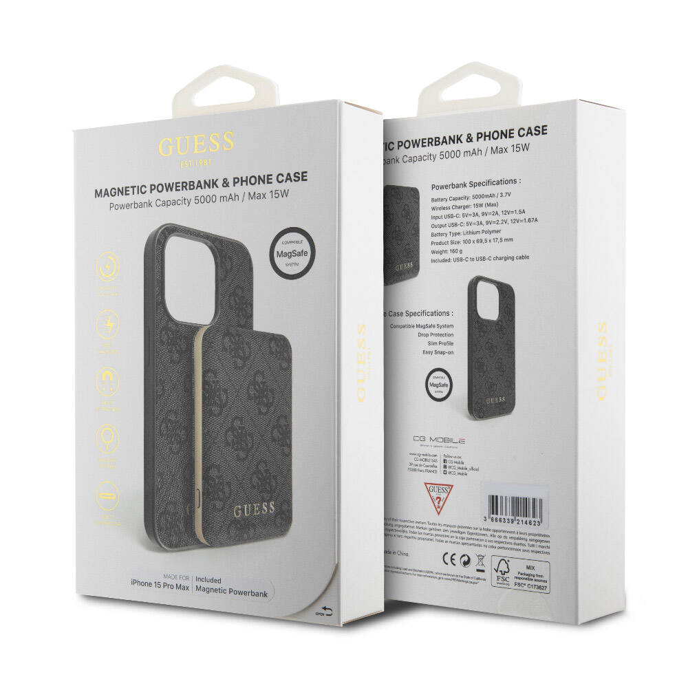 Guess iPhone 15 Pro Max Orjinal Lisanslı Magsafe Şarj Özellikli Yazı Logolu 4G Desenli Telefon Kılıfı + Powerbank 5000mAh 2in1 Set - 12