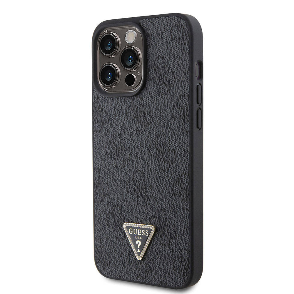 Guess iPhone 15 Pro Max Orjinal Lisanslı PU Deri Askılı Taşlı Üçgen Logo 4G Desenli Strass Crossbody Telefon Kılıfı - 2