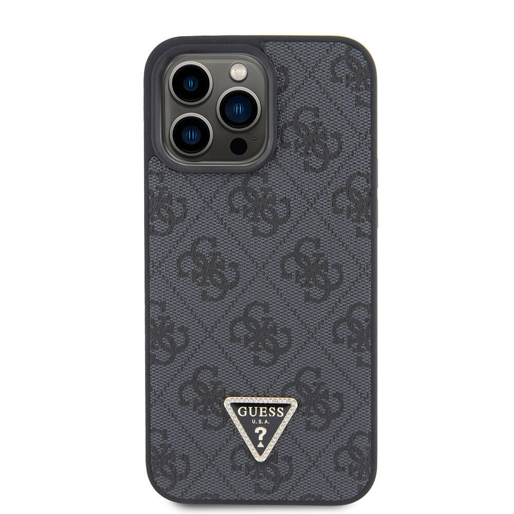 Guess iPhone 15 Pro Max Orjinal Lisanslı PU Deri Askılı Taşlı Üçgen Logo 4G Desenli Strass Crossbody Telefon Kılıfı - 3