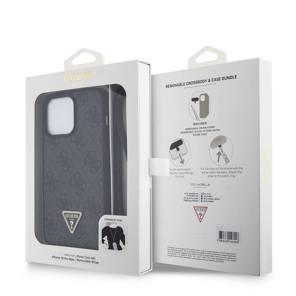 Guess iPhone 15 Pro Max Orjinal Lisanslı PU Deri Askılı Taşlı Üçgen Logo 4G Desenli Strass Crossbody Telefon Kılıfı - 8