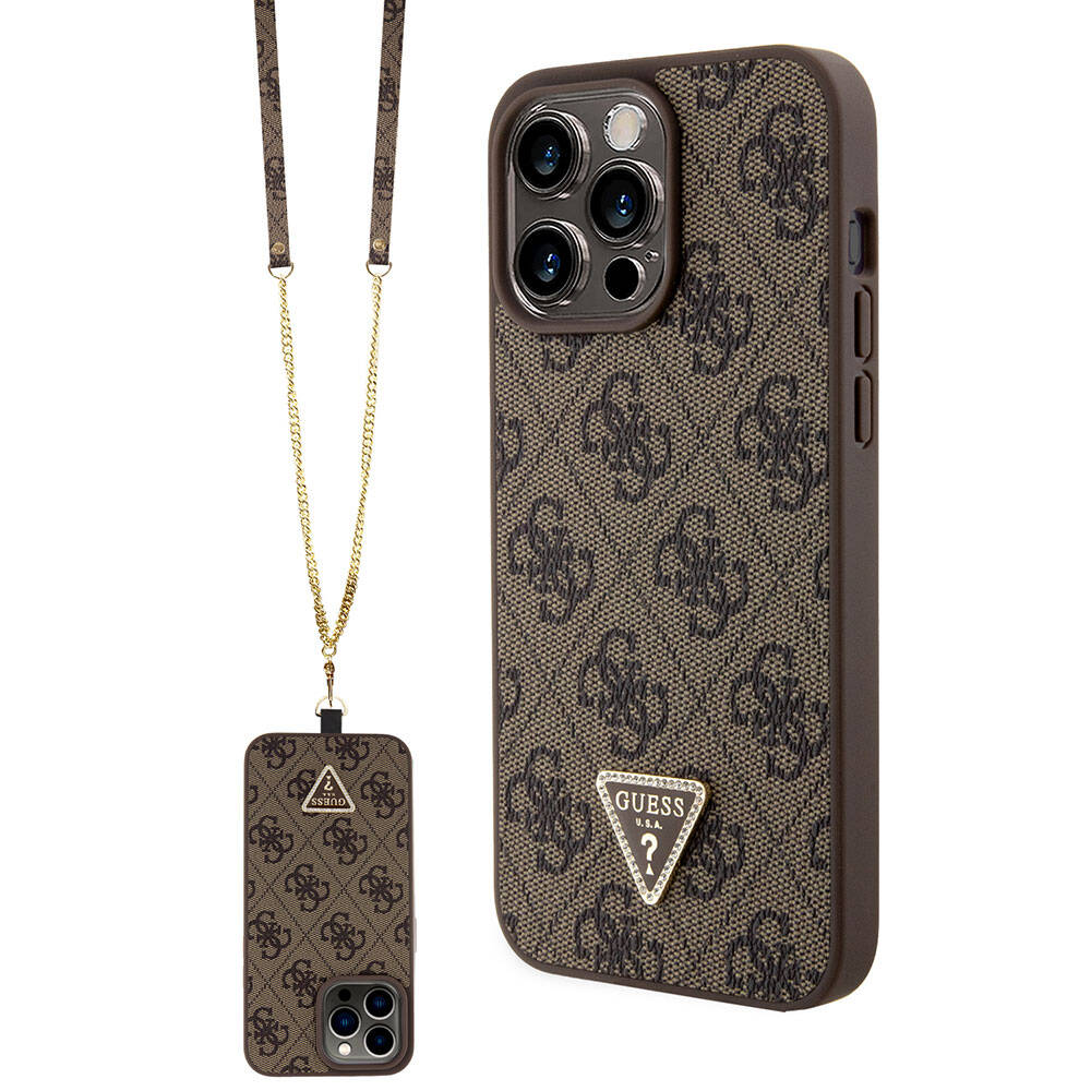 Guess iPhone 15 Pro Max Orjinal Lisanslı PU Deri Askılı Taşlı Üçgen Logo 4G Desenli Strass Crossbody Telefon Kılıfı - 9