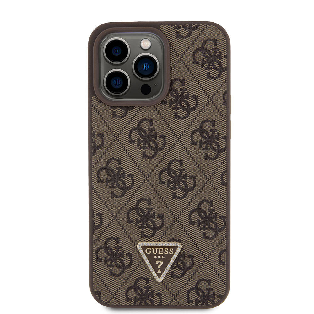 Guess iPhone 15 Pro Max Orjinal Lisanslı PU Deri Askılı Taşlı Üçgen Logo 4G Desenli Strass Crossbody Telefon Kılıfı - 11