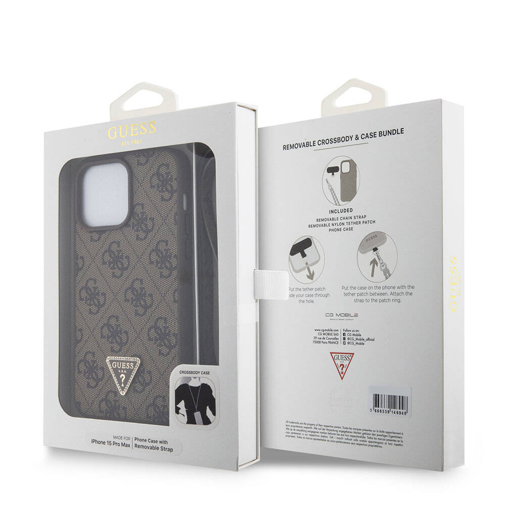 Guess iPhone 15 Pro Max Orjinal Lisanslı PU Deri Askılı Taşlı Üçgen Logo 4G Desenli Strass Crossbody Telefon Kılıfı - 16