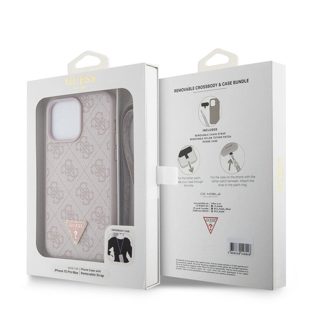 Guess iPhone 15 Pro Max Orjinal Lisanslı PU Deri Askılı Taşlı Üçgen Logo 4G Desenli Strass Crossbody Telefon Kılıfı - 24